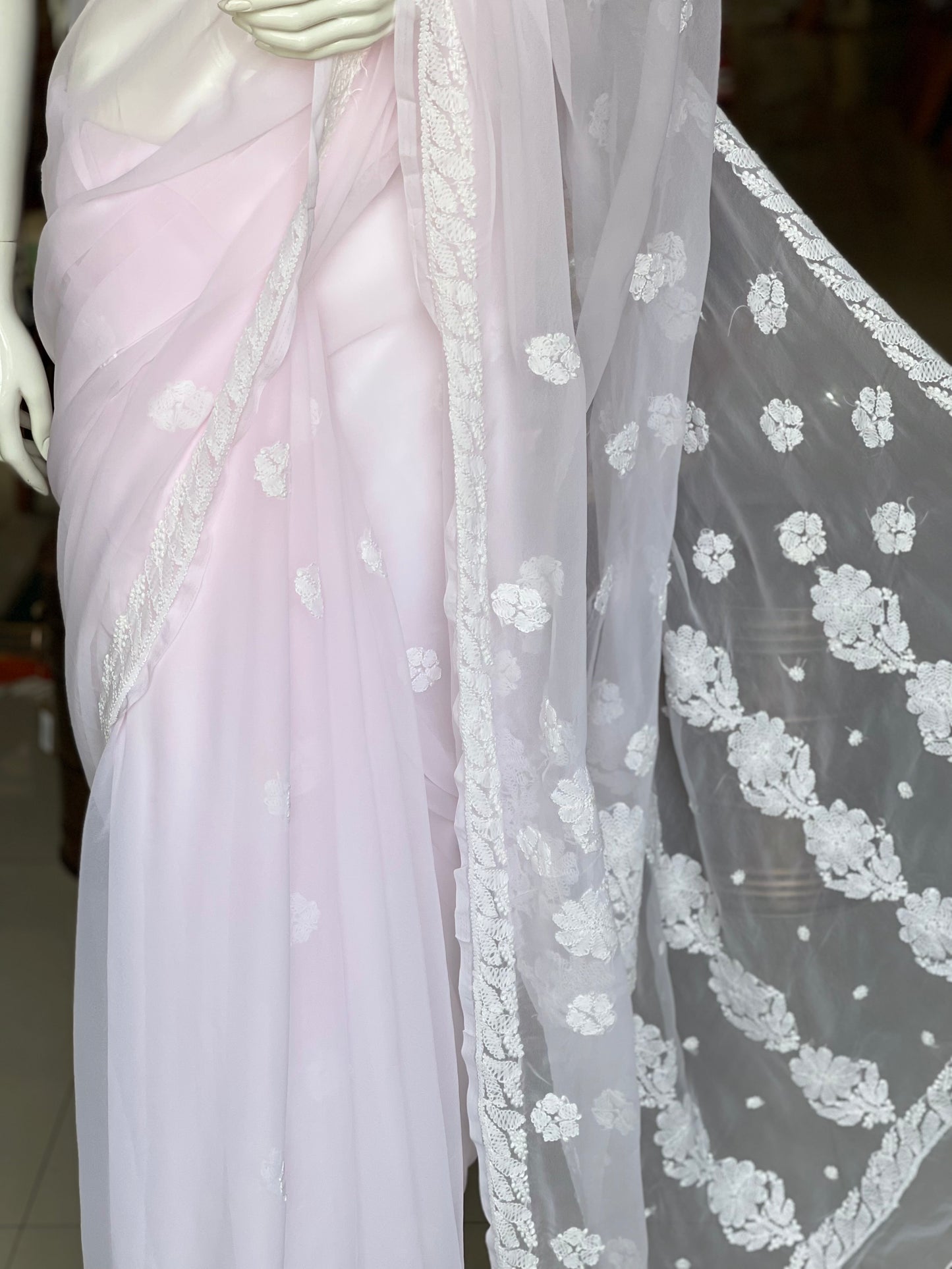 Baby pink Georgette hand embroidered chikankari saree