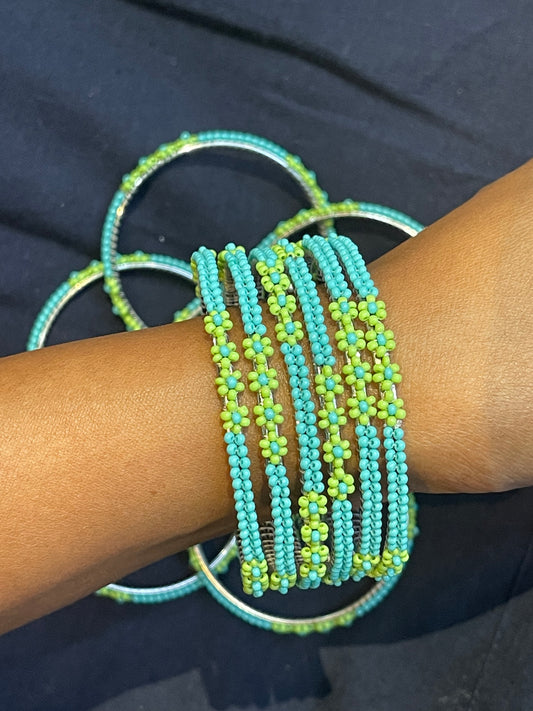 Blue green glass beads bangles on metal base