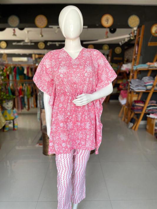 Pink soft cotton kaftan top and pants lounge wear set