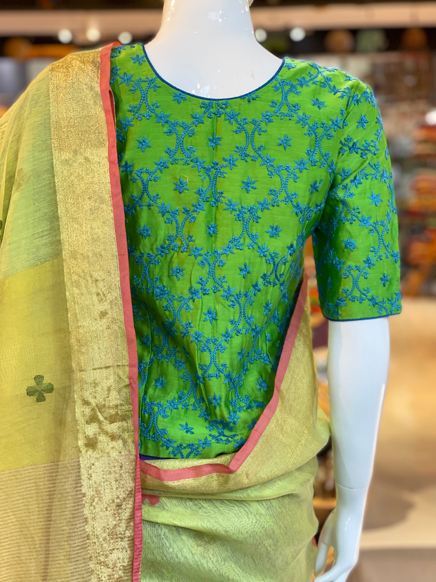 Green silk cotton long blouse with blue Chikankari hand embroidery