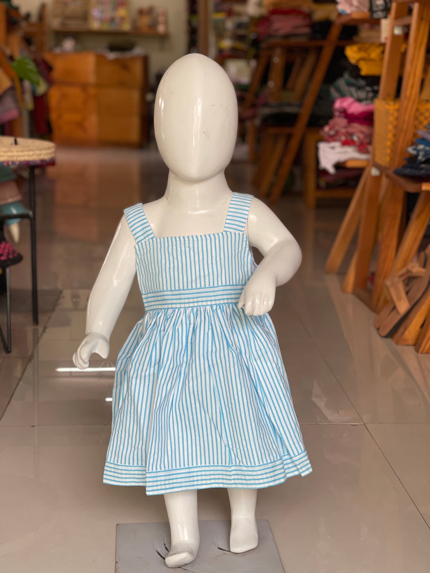 Cotton stripes frills dress for girls with strap sleeves