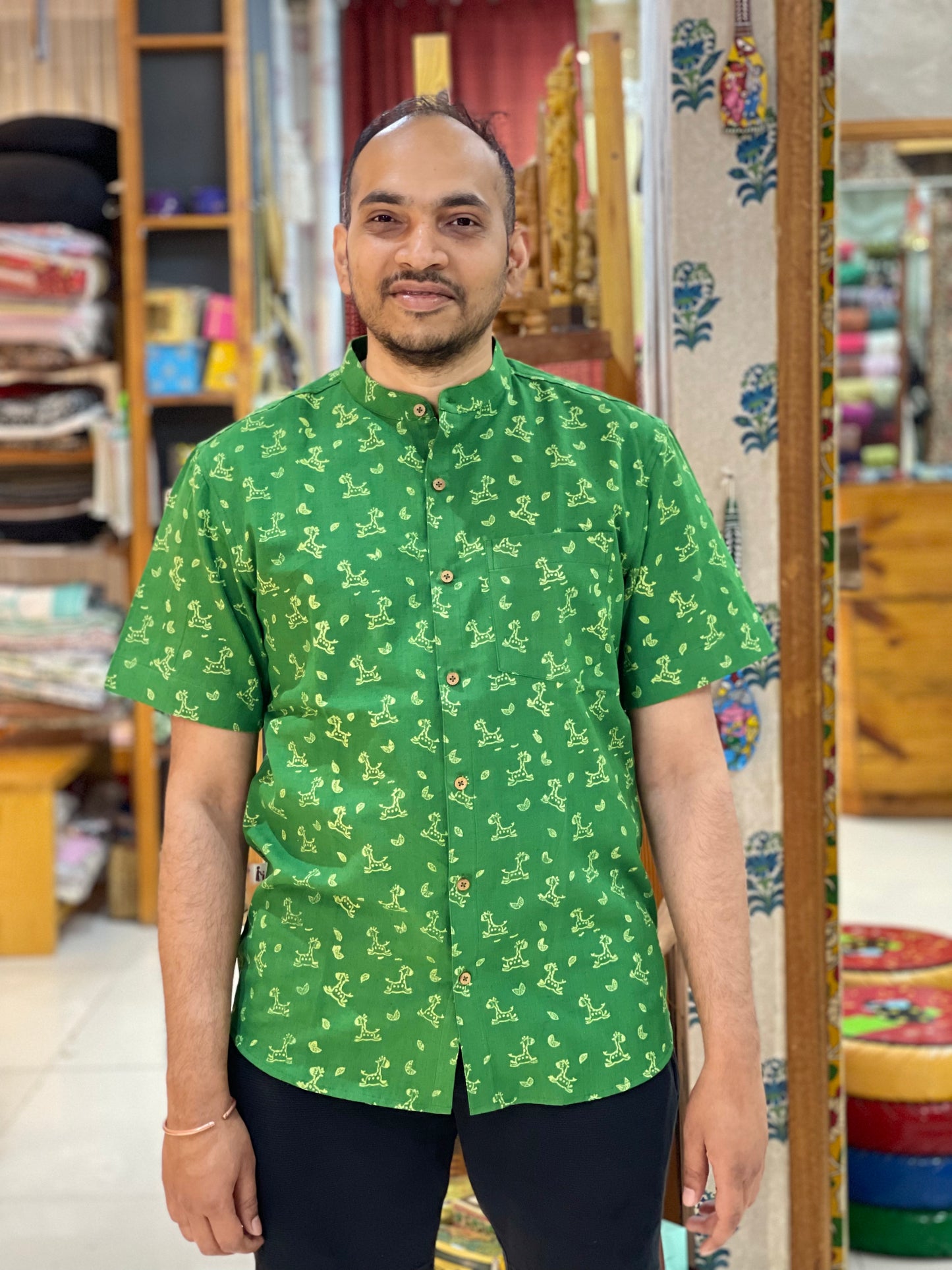 Green hand woven giraffe hand block printed cotton band collared half sleeves shirt for men