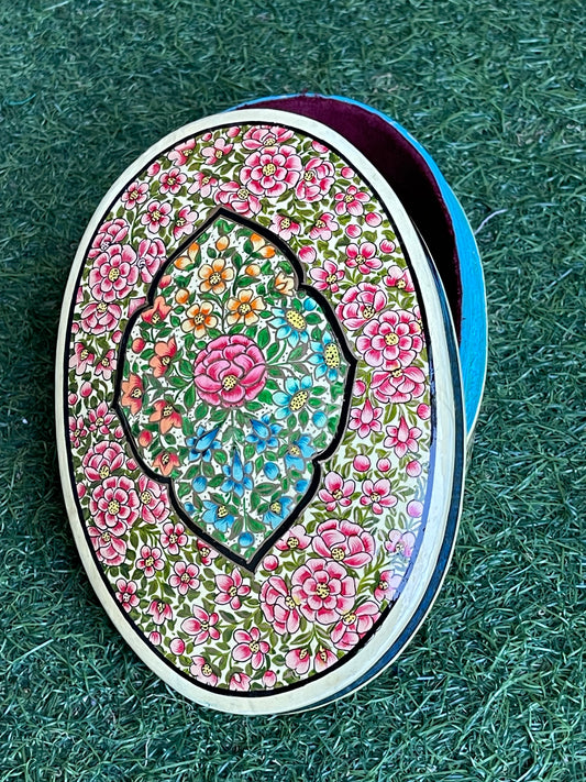 Pink flowers hand painted oval papier mache jewellery / trinkets box