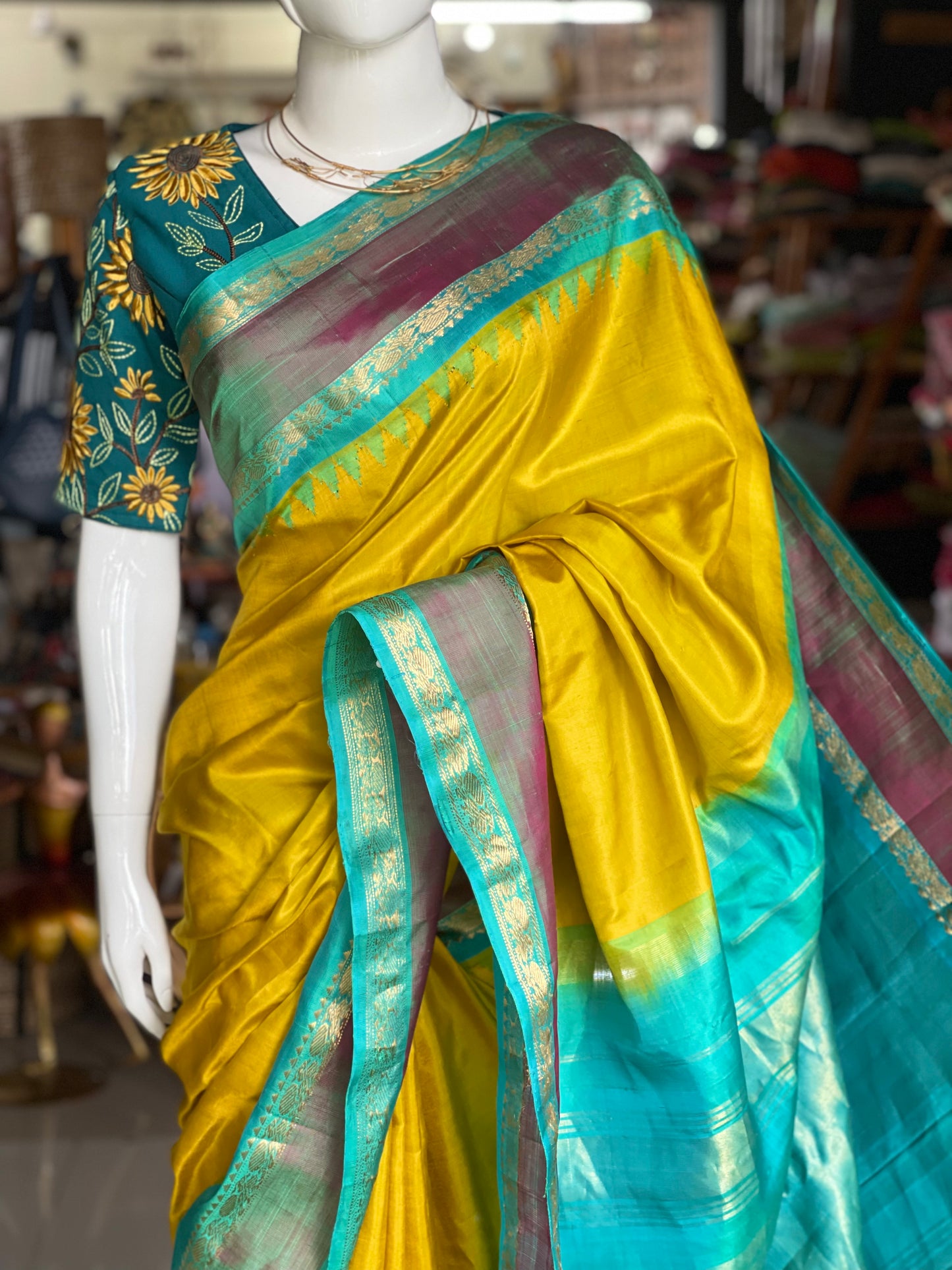 Beautiful mustard and green combination pure silk handwoven Gadwal saree with temple borders