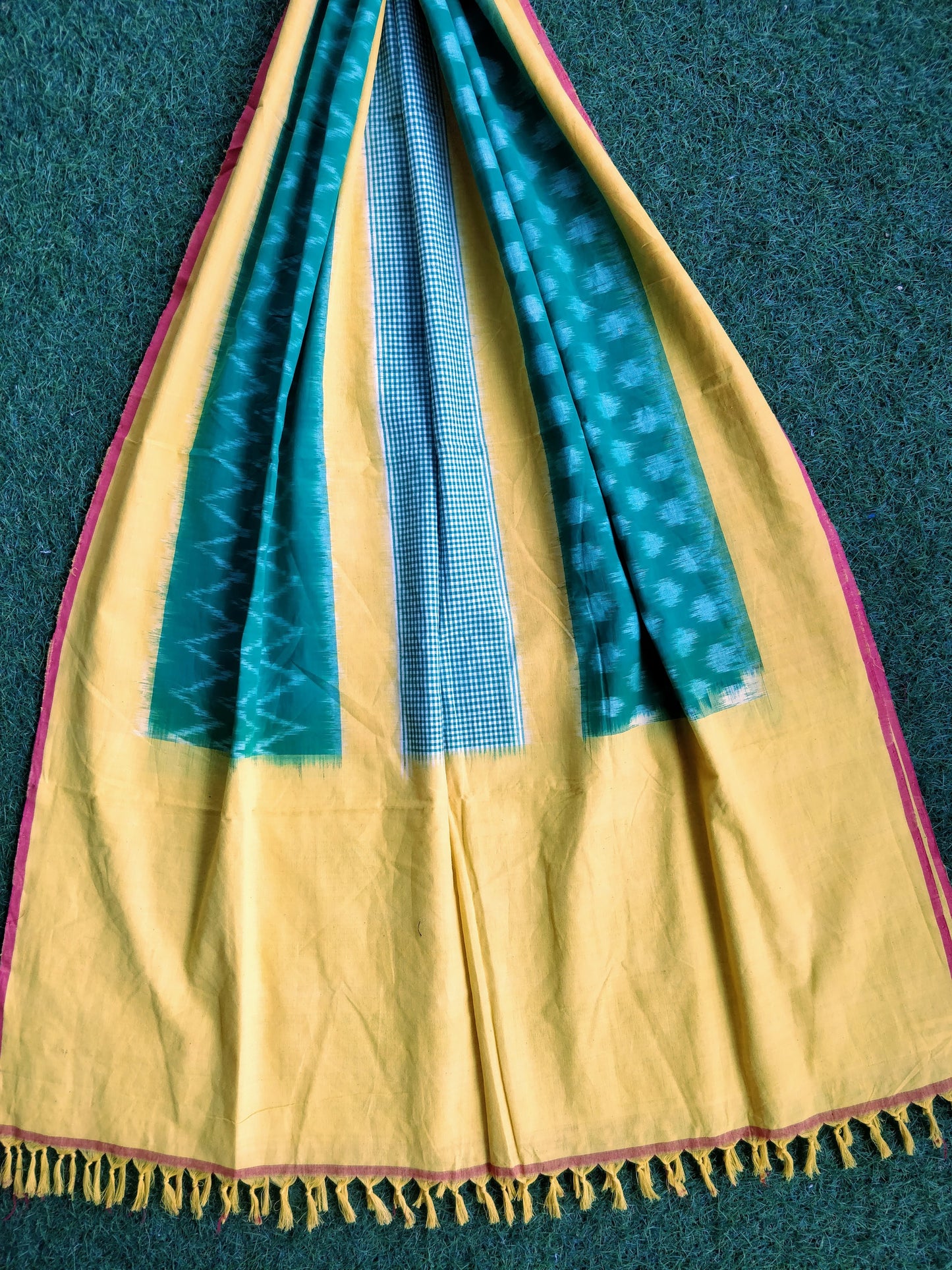 Yellow and green ikat cotton dupatta