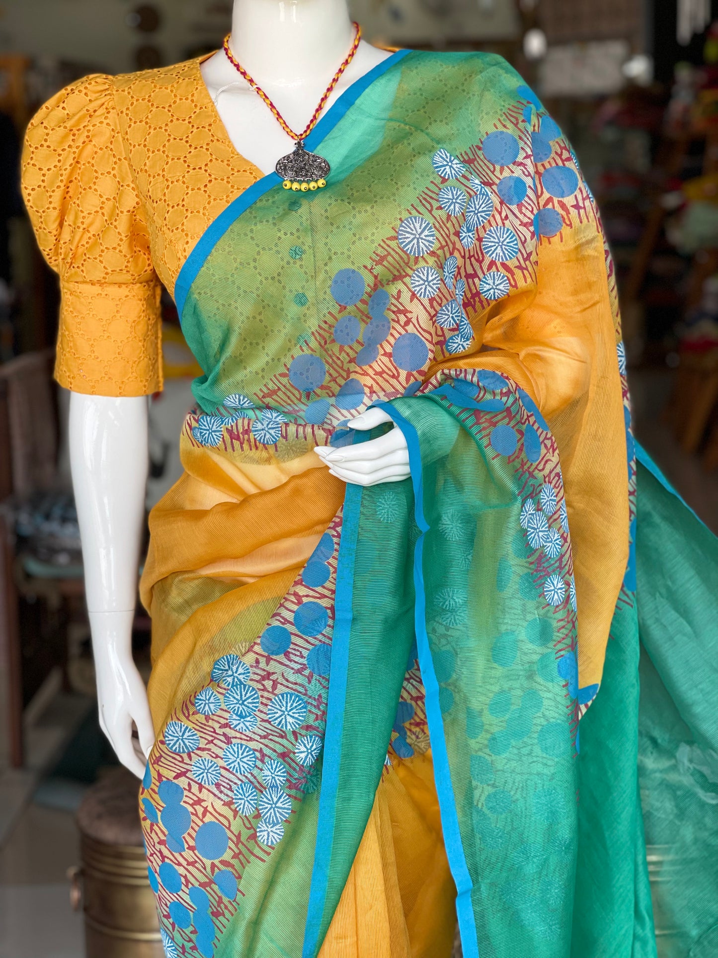 Yellow and sea green hand block pure silk sheer saree