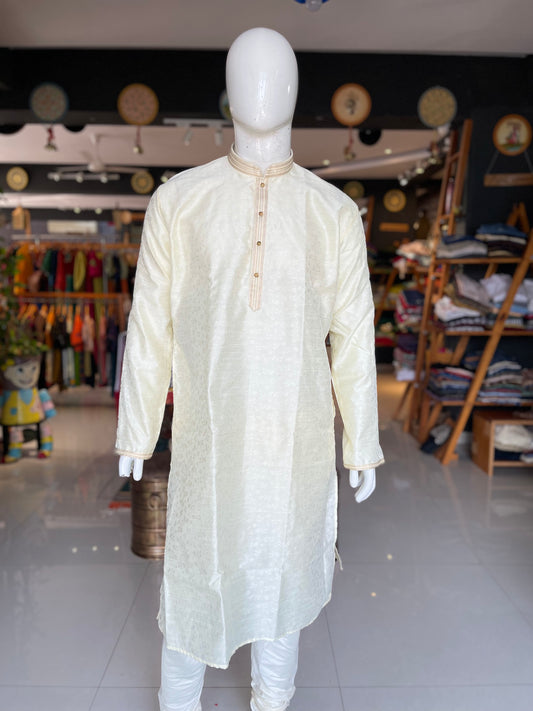 Light yellow full sleeves placket embroidered long kurta for men