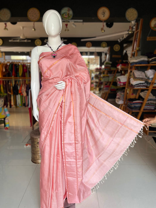 Light pink small checks pure silk handloom kanjeevaram pattu saree