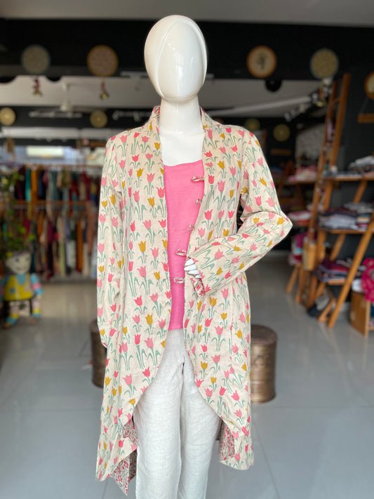 Cream floral printed reversible cotton long jacket