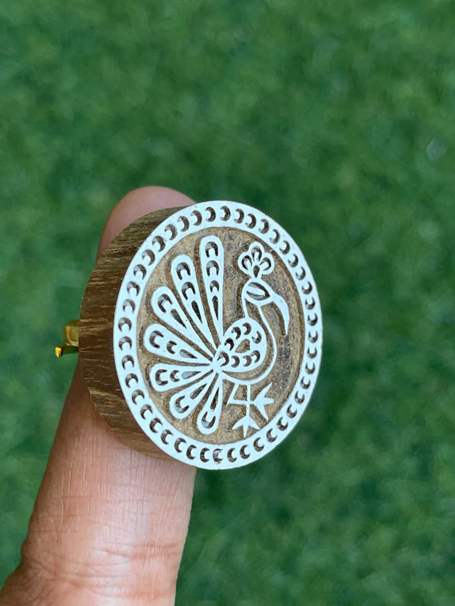 Peacock wooden block carved handmade adjustable size finger ring