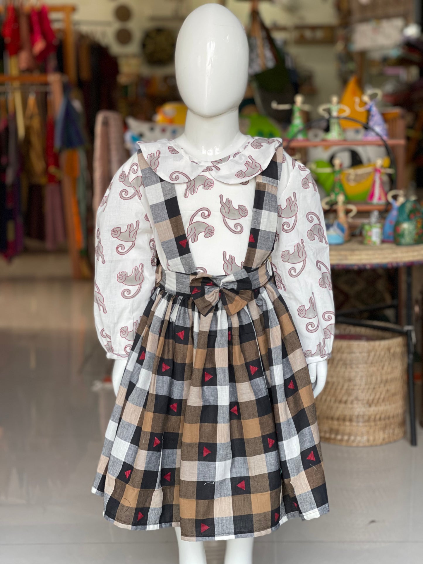 Black and brown cotton suspenders skirt with monkeys hand block print top - coord set