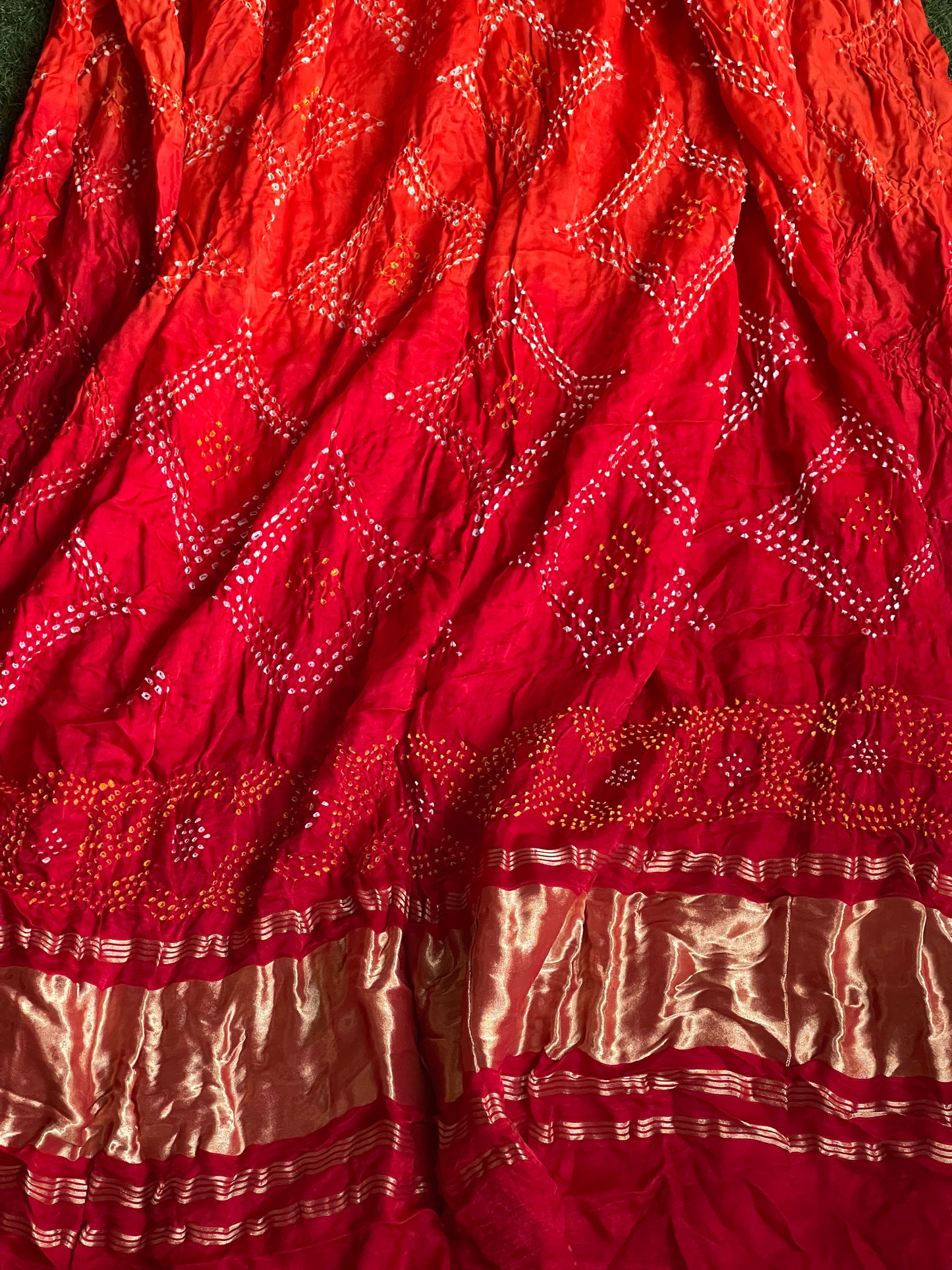 Red and orange bandini tie dye gajji silk dupatta with tissue palla