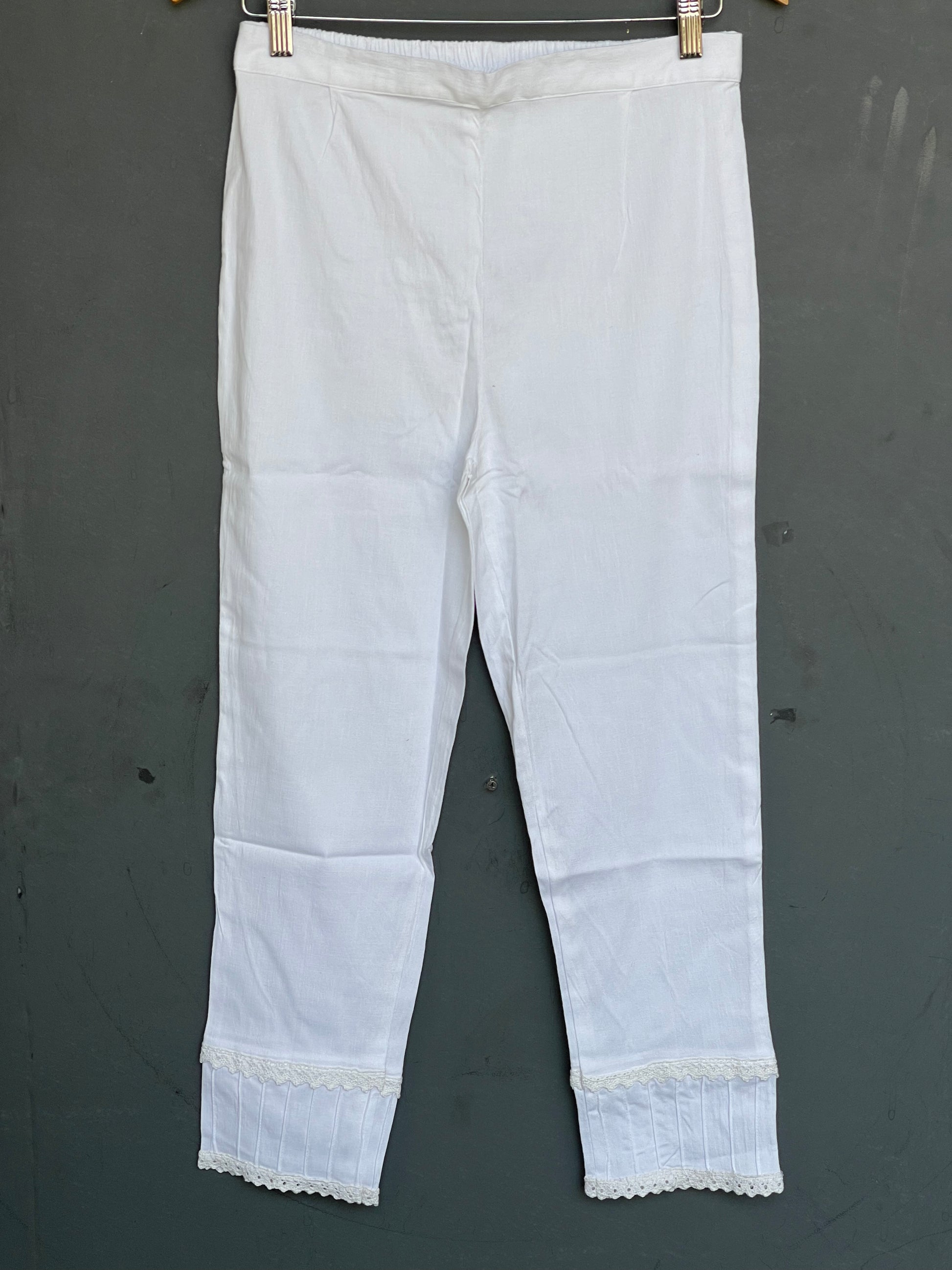 White Cotton Lycra pants with lace and pin-tucks detailing for hem –  Handpicked