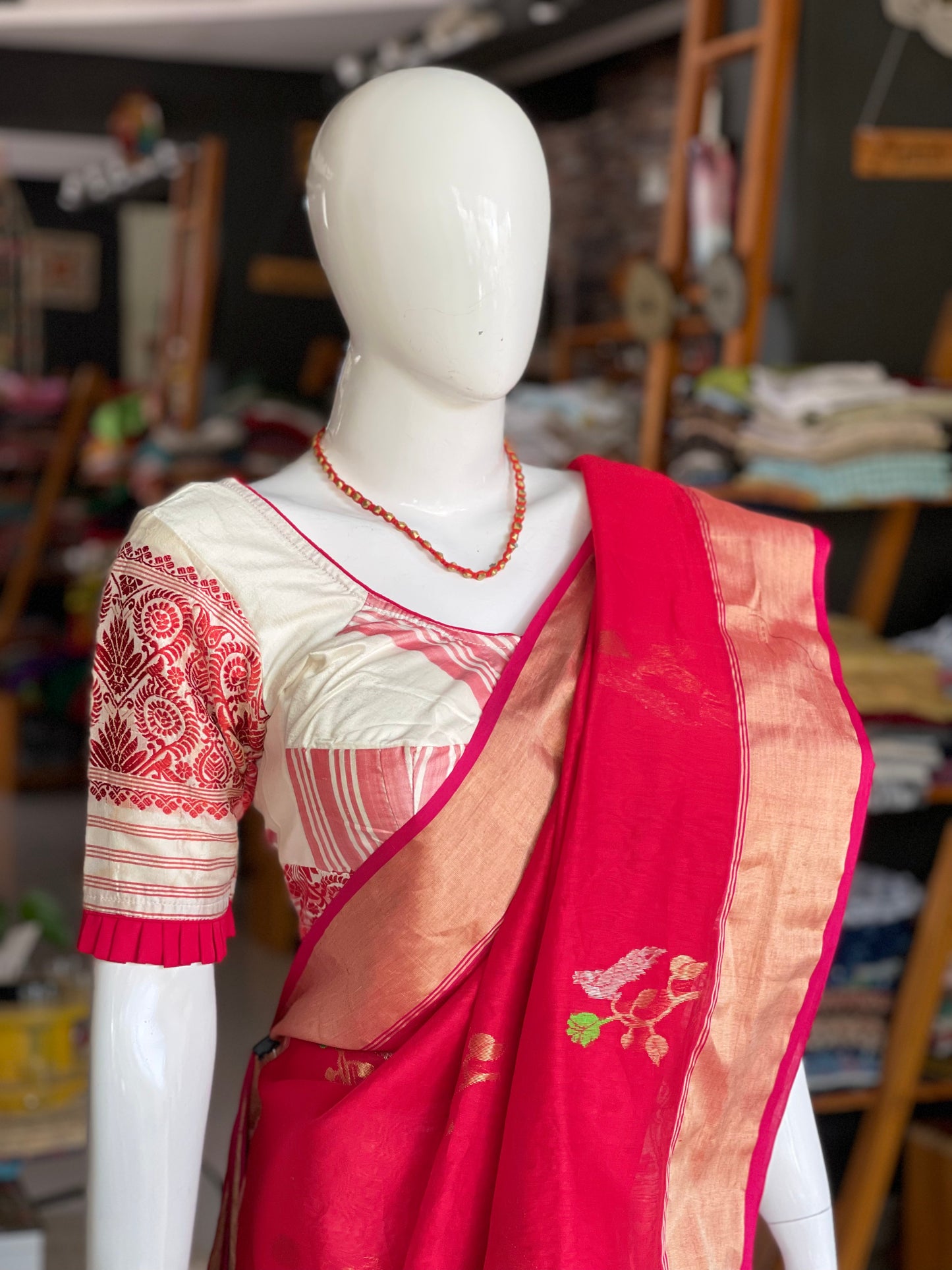 Classic white and red silk blouse