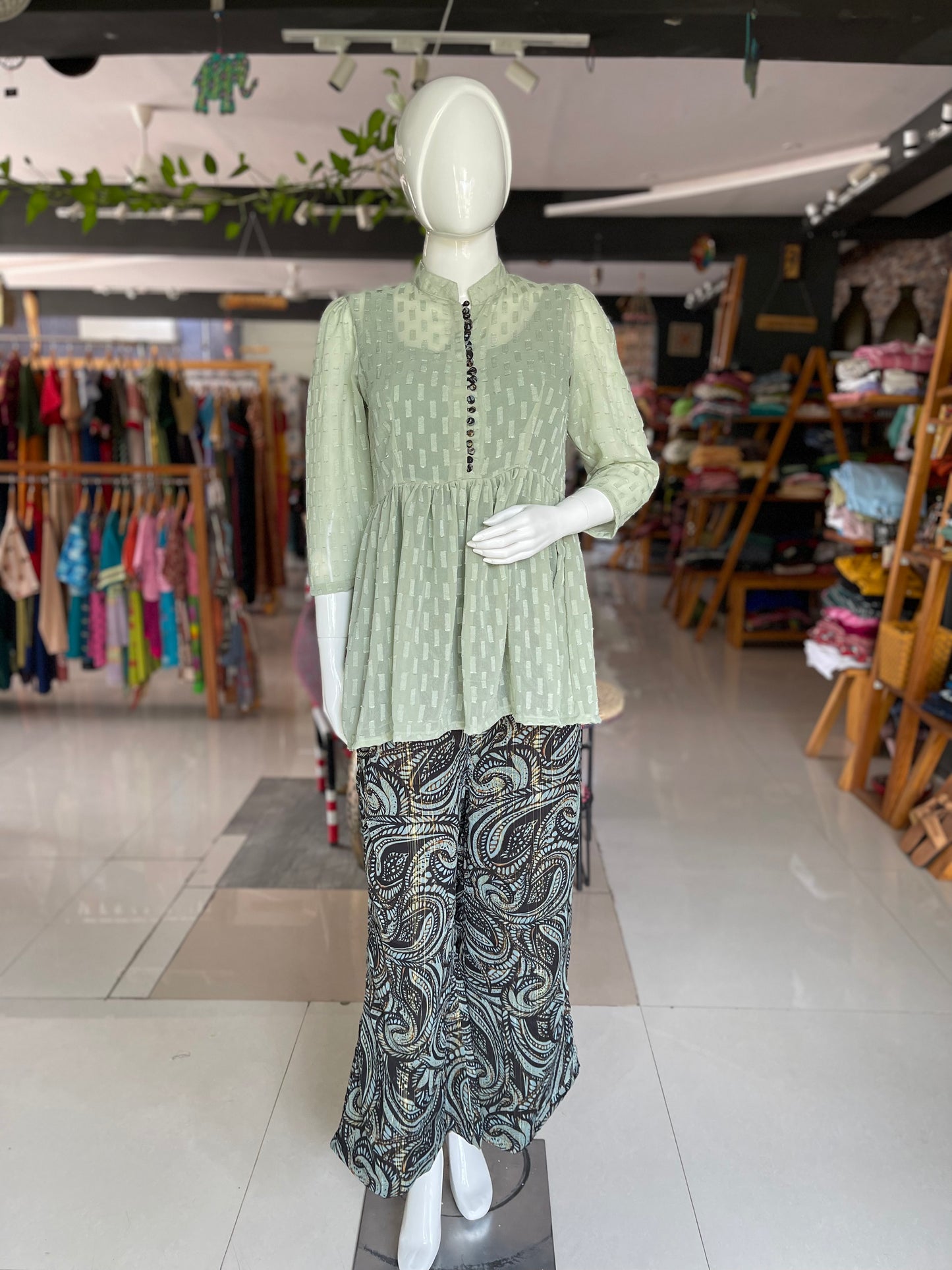 Green and black georgette top and plazo Coord set