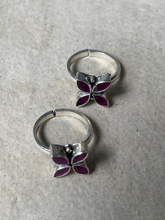 Pink stones flower shaped toe rings pair in 92.5 sterling silver