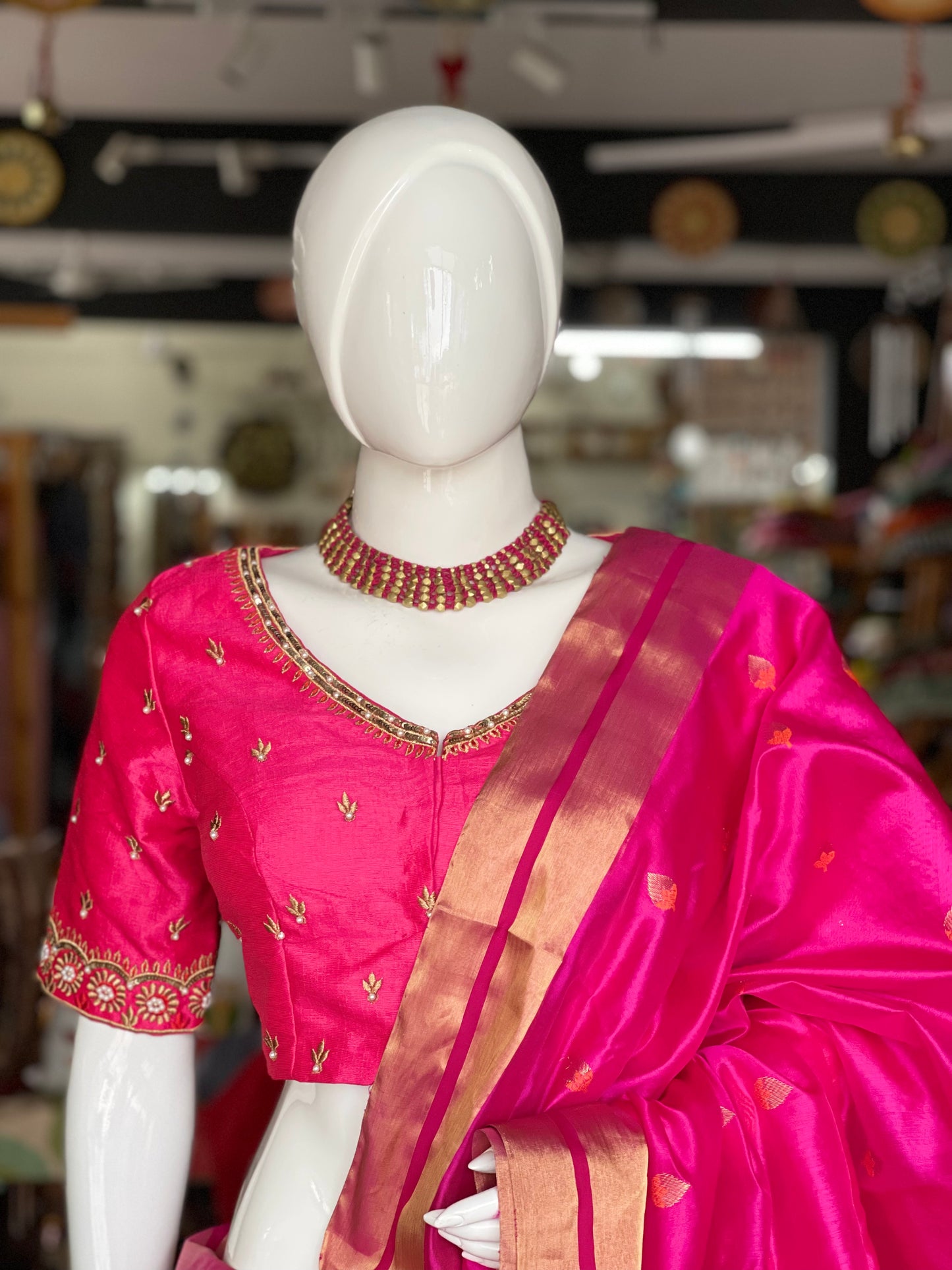 Pink hand work silk blouse with back cut and dori