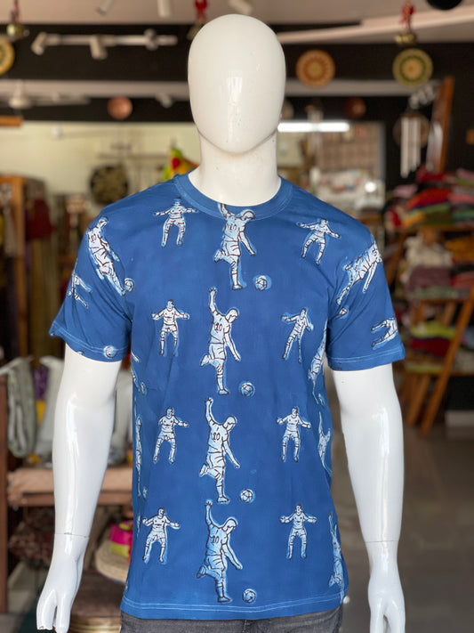 Indigo -  Football love - hand block printed natural dyed mens cotton t-shirt