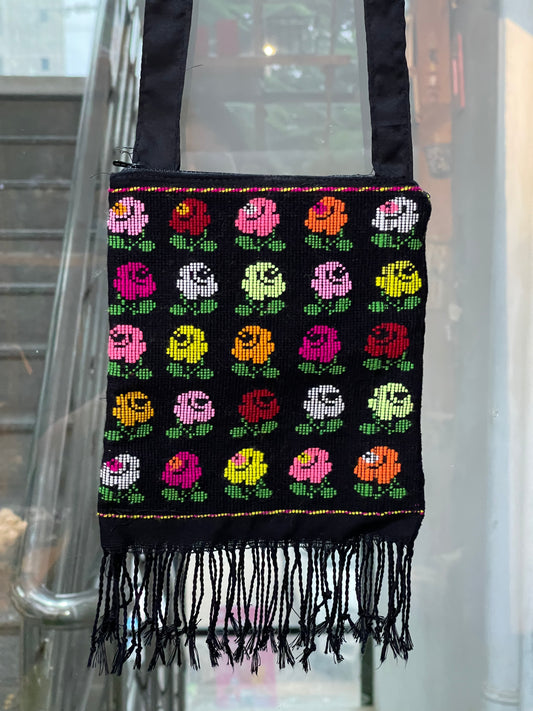 Black handwoven traditional weave cotton floral bag