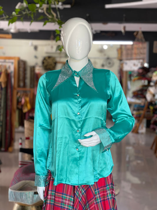 Sea green satin shirt with swarovski on cuff and collar