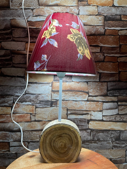 Burgundy floral lamp shade with wooden base