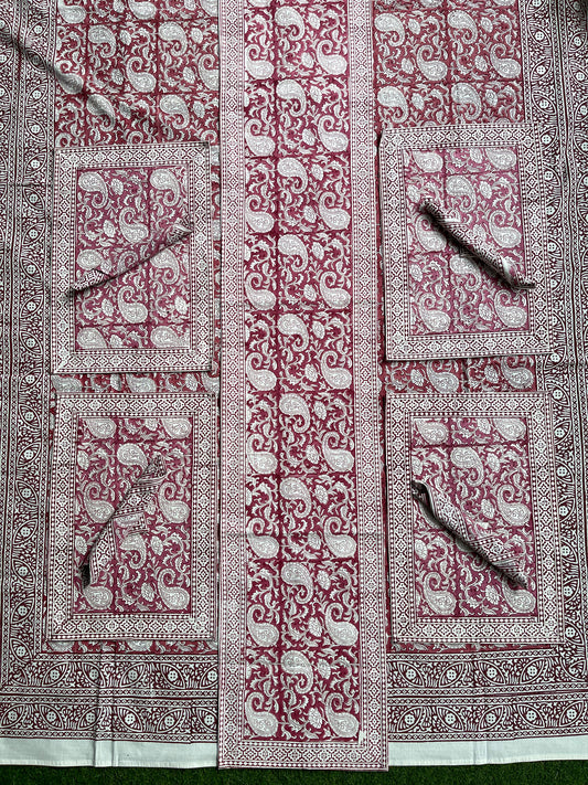 Dark pink floral hand block printed table cover, runner, 6 place mats and napkins set