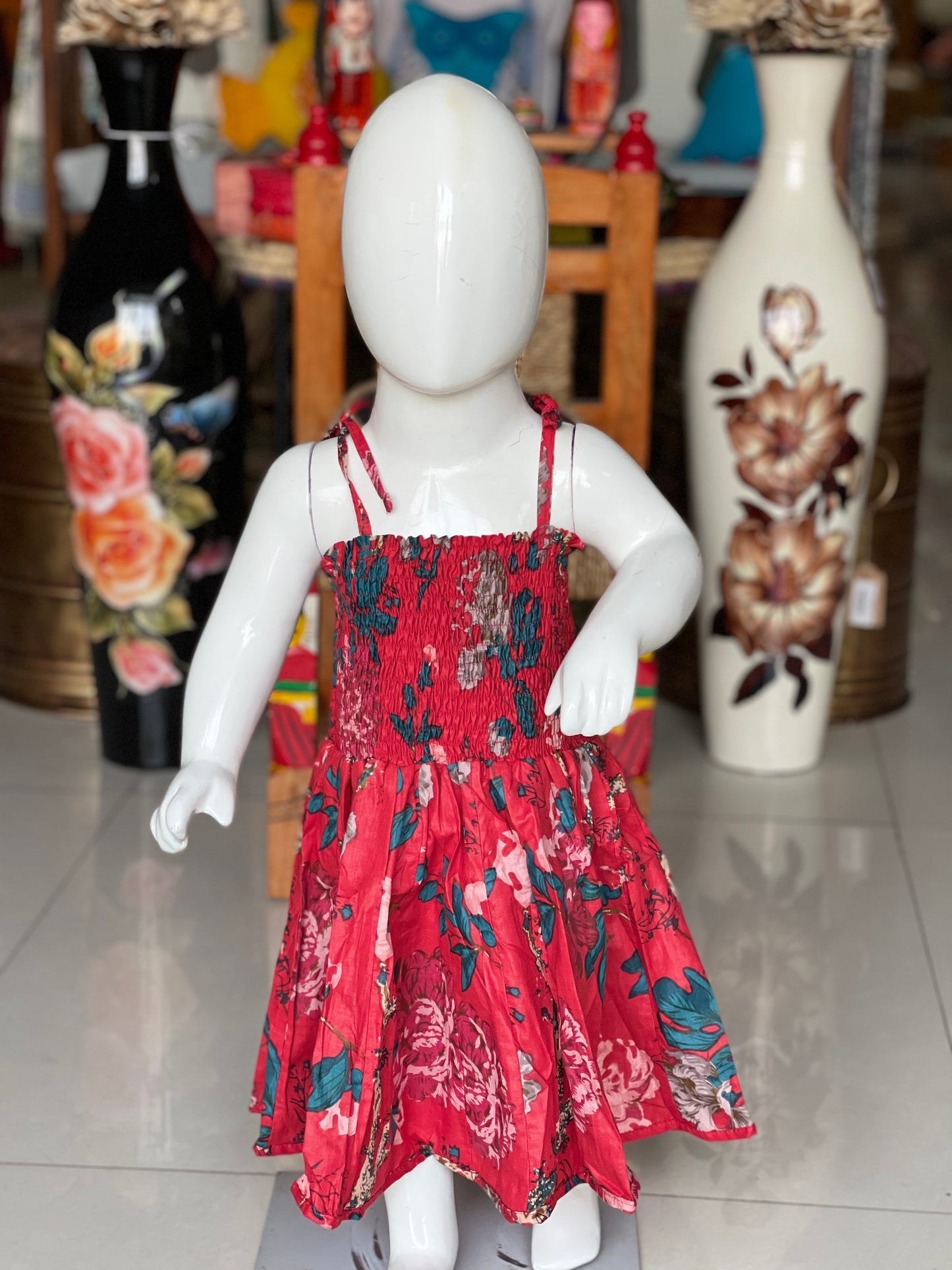 Red floral printed noodle straps smocking cotton frock for girls