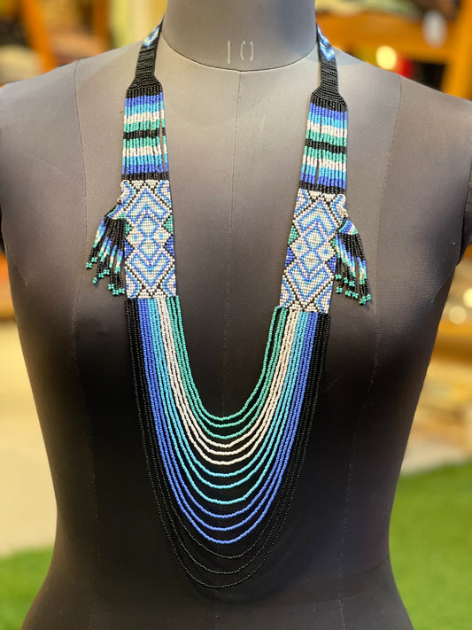 Blue multiple strands design- hand crafted glass seed beads neckpiece, earrings set