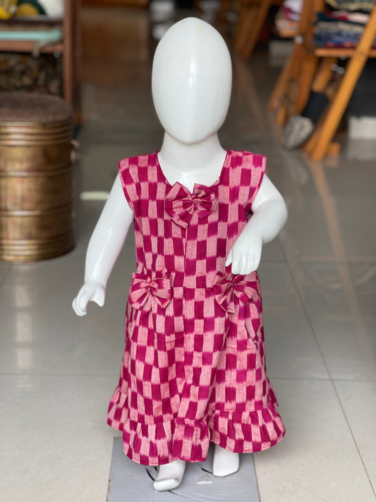 Pink ikat rectangles design cotton frock with cute bows for girls