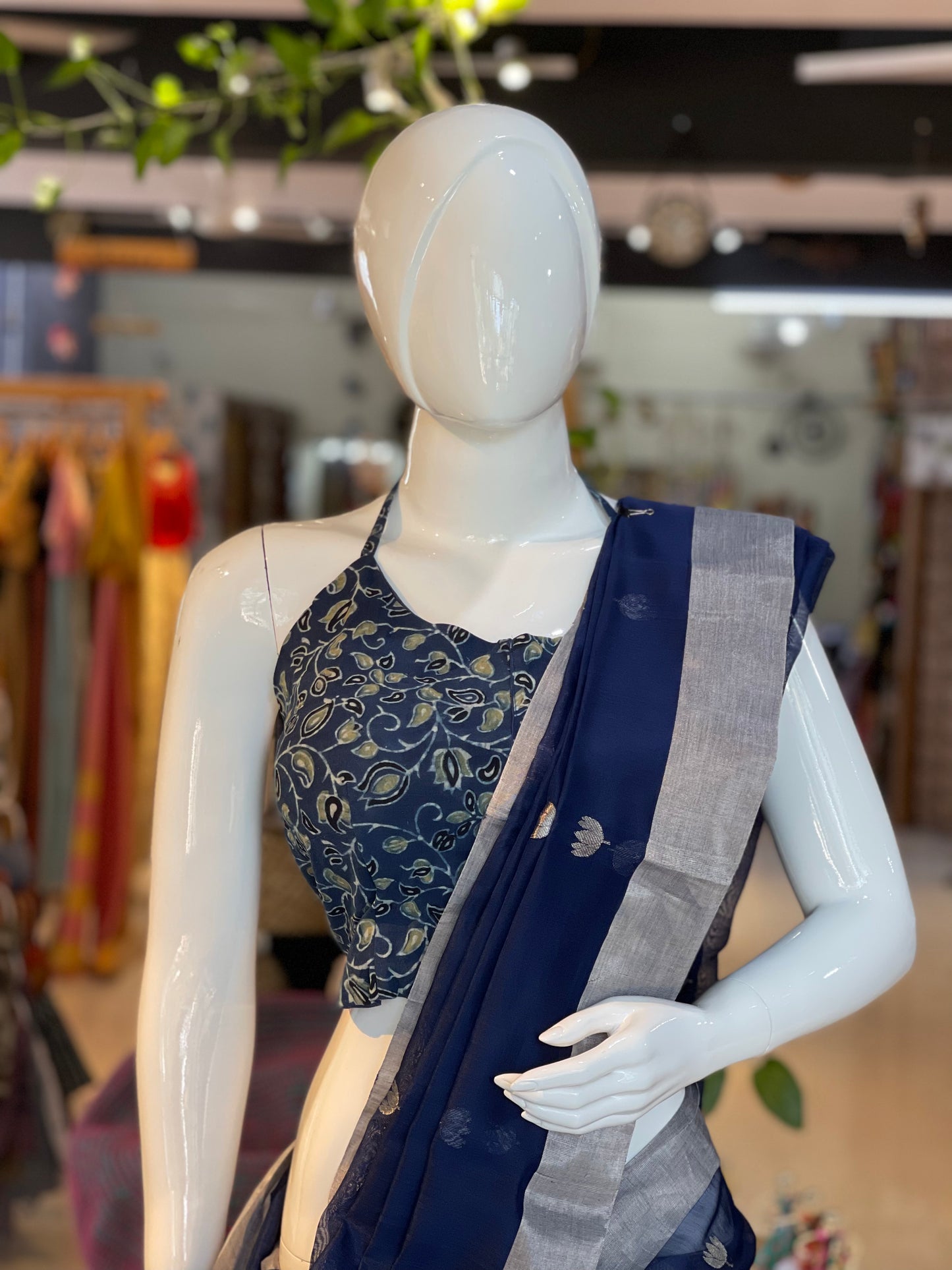 Indigo Ajrakh cotton back tie halter neck blouse