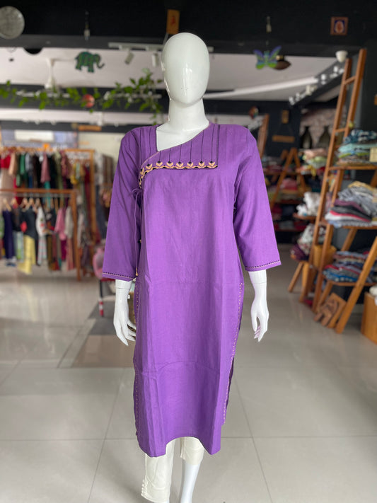 Violet hand embroidered cotton kurti with black and beige embroidery