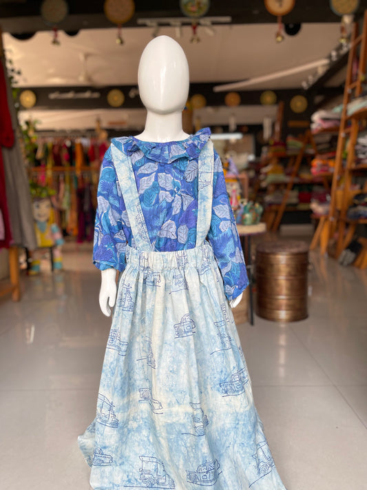 Indigo vehicles hand block print suspenders cotton skirt with leaves hand block print cotton top - coord set