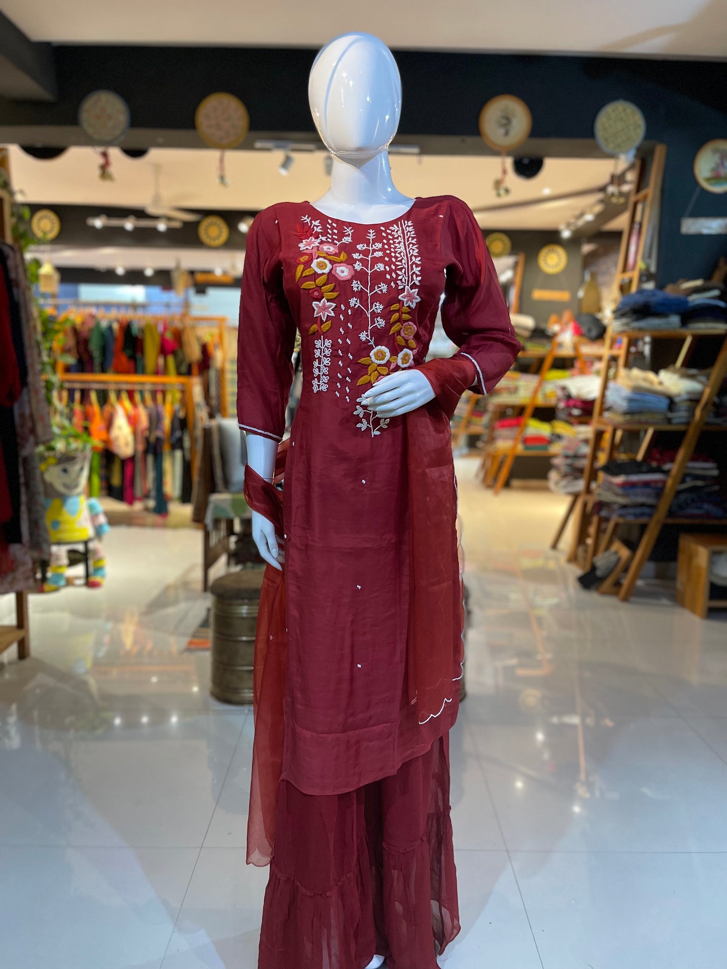 Maroon embroidered dola silk Kurti with chiffon sharara and dupatta set