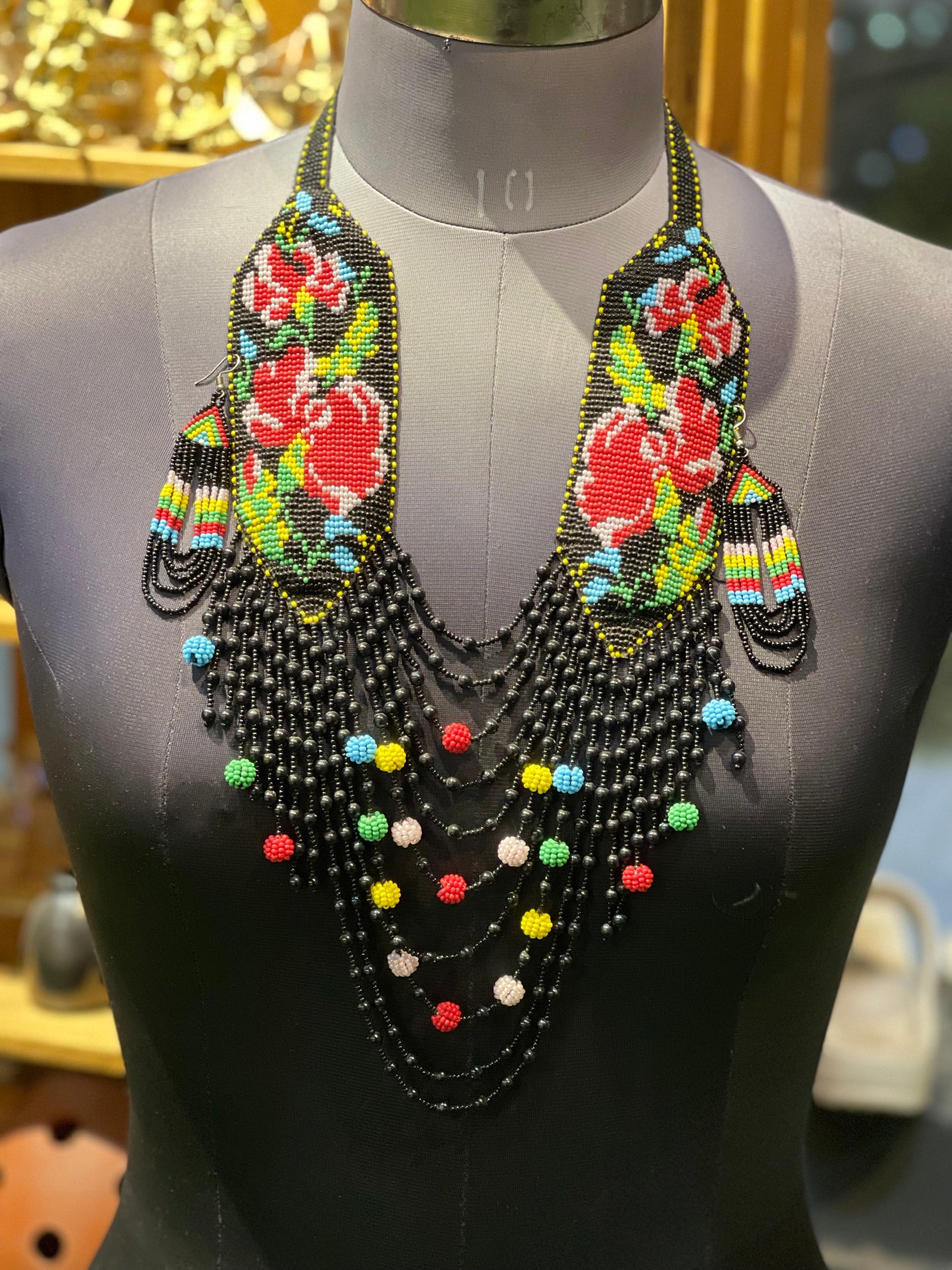 Black and red floral multiple strands design - hand crafted glass seed beads neckpiece, earrings set