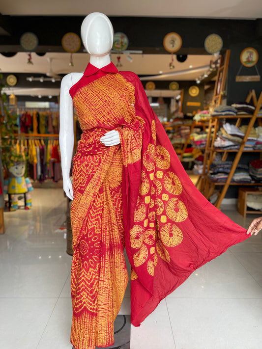 Red and yellow soft cotton tie dye shibori saree