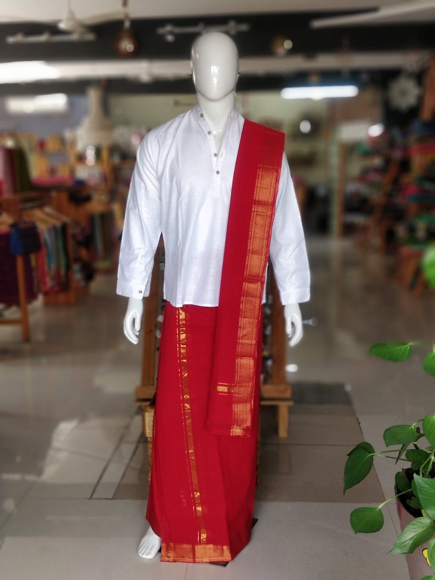 Handloom cotton red pancha kanduva set
