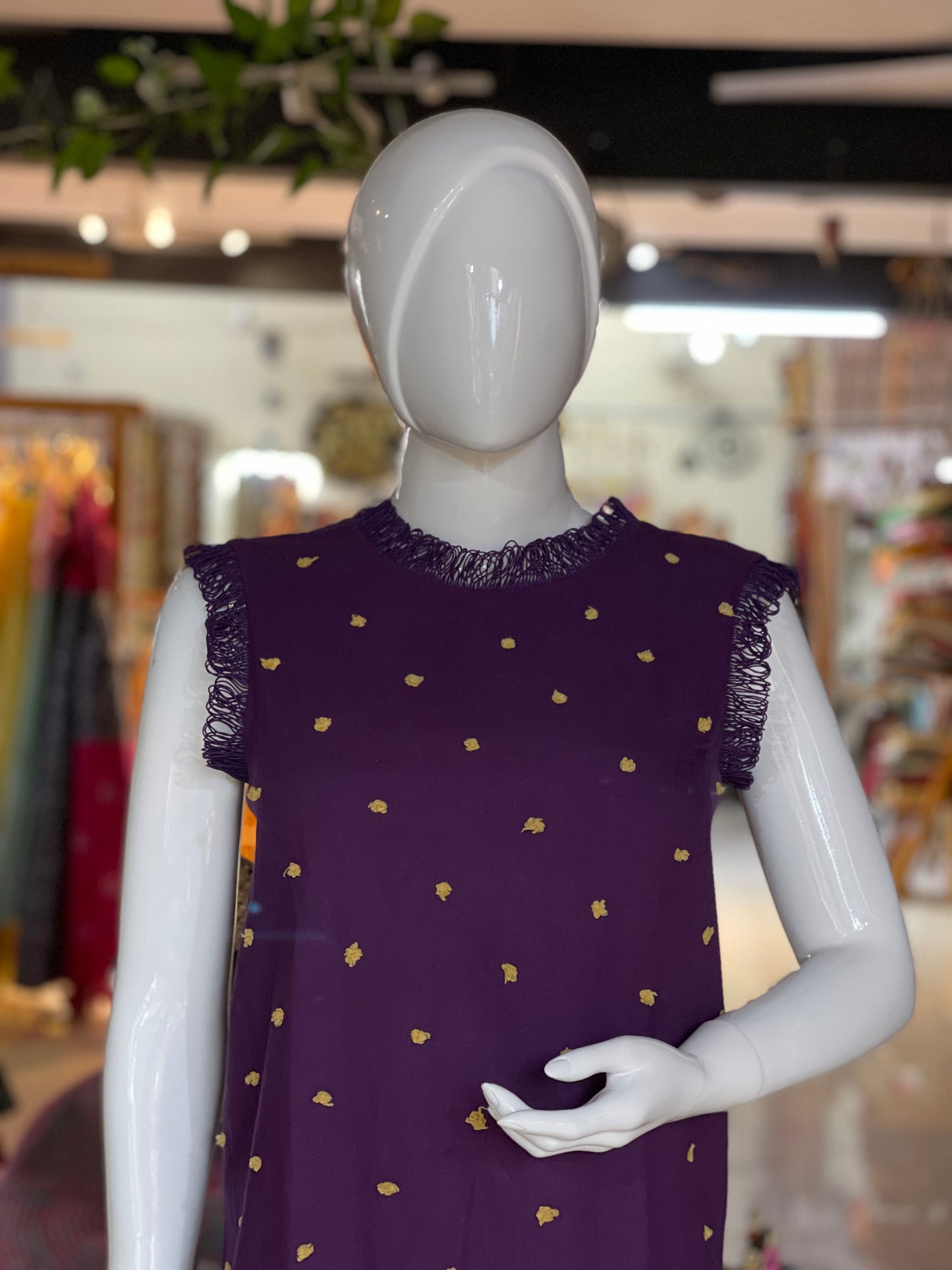 Purple cotton yellow pompom embroidery dress with pants