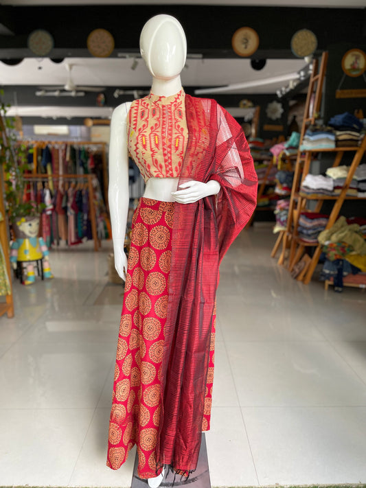 Red mandala style hand block print cotton umbrella flared skirt