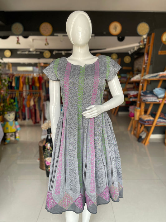 Grey hand block printed cotton pleated dress