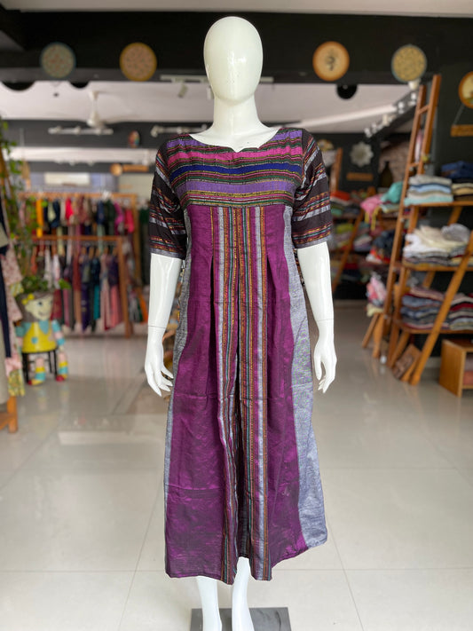 Cotton purple and grey stripes Arunachal handloom cotton dress