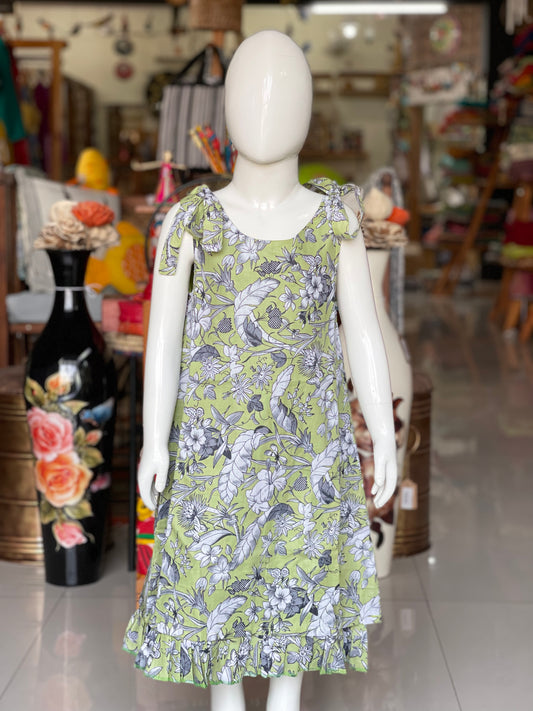Light green floral print tie up style cotton frock for girls