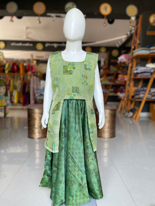 Green ajrakh hand block printed skirt with kota printed shrug style top