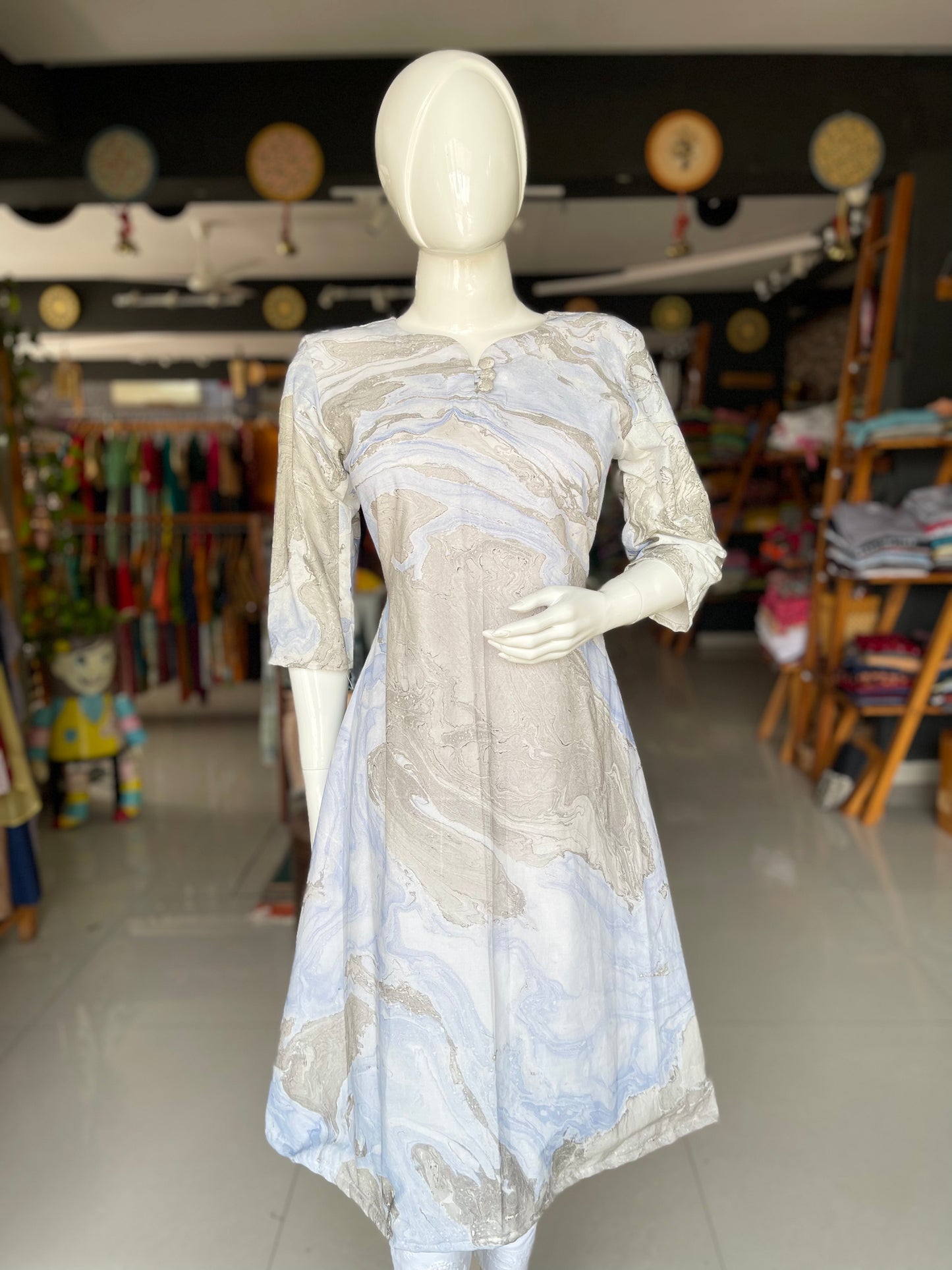 Grey and blue hand marbled cotton A-line kurti