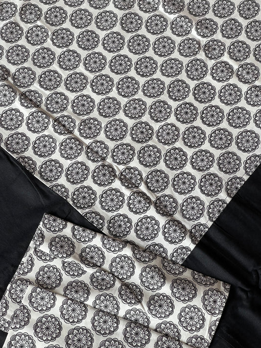 Black flowers on white base cotton bedsheet with border - 100 x 108 inches