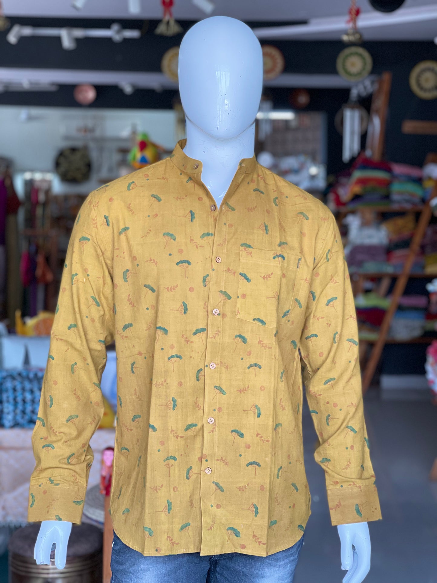 Mustard hand spun hand woven hand block printed cotton band collared shirt for men