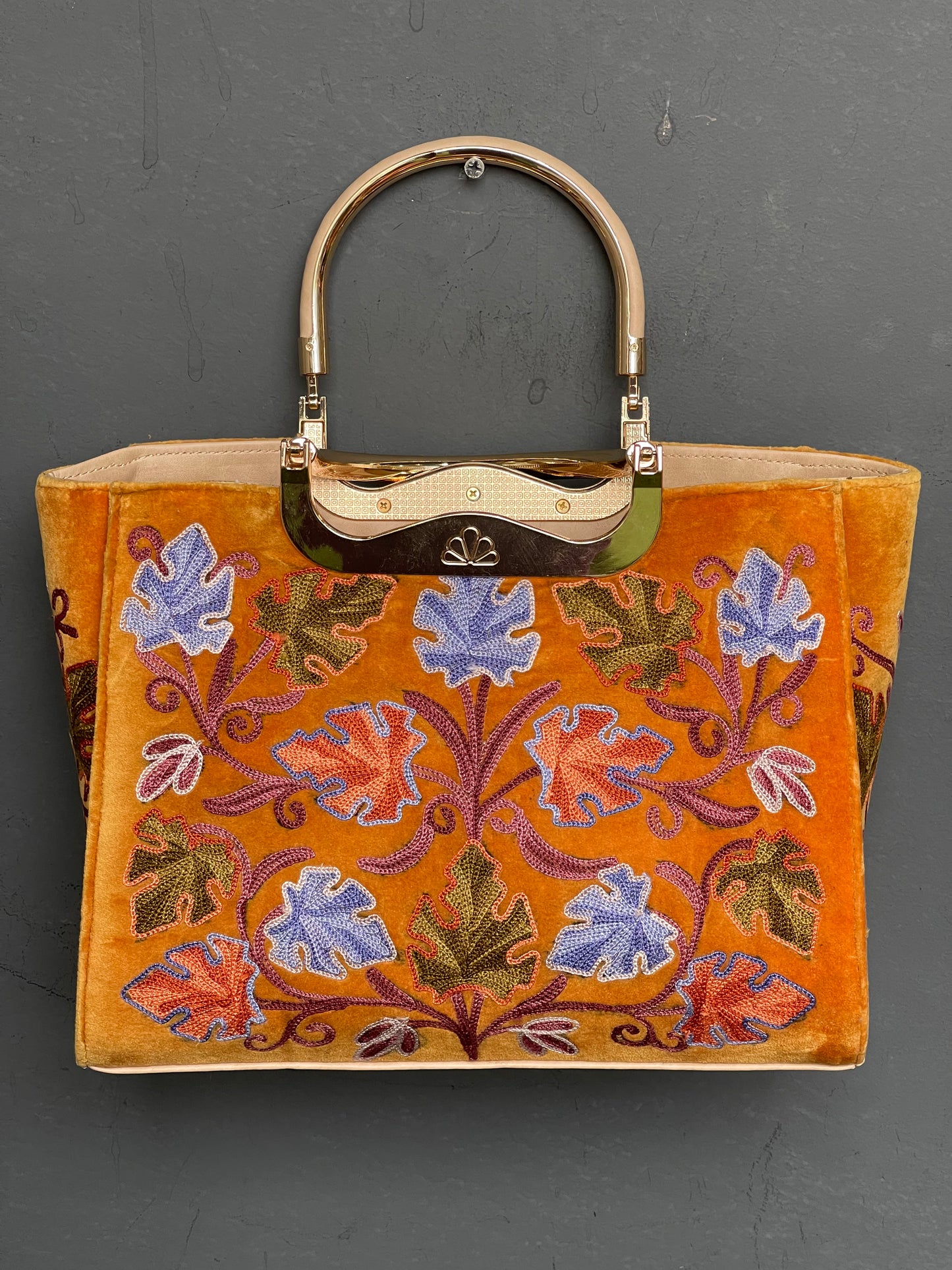 Mustard Kashmiri embroidered hand bag with short and adjustable long handles