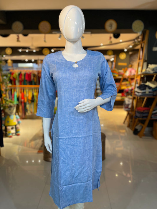 Blue natural hemp straight Kurti with side cuts