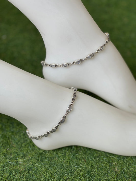 White oval zircon stones 92.5 Sterling silver anklets pair