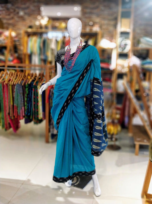 Plain saree with Ajrak border and pallu