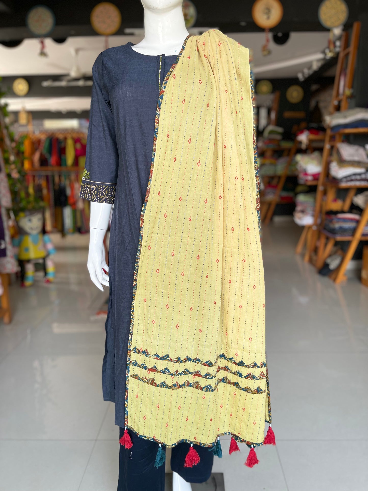 Light green mul cotton dupatta with hand embroidery and appliq